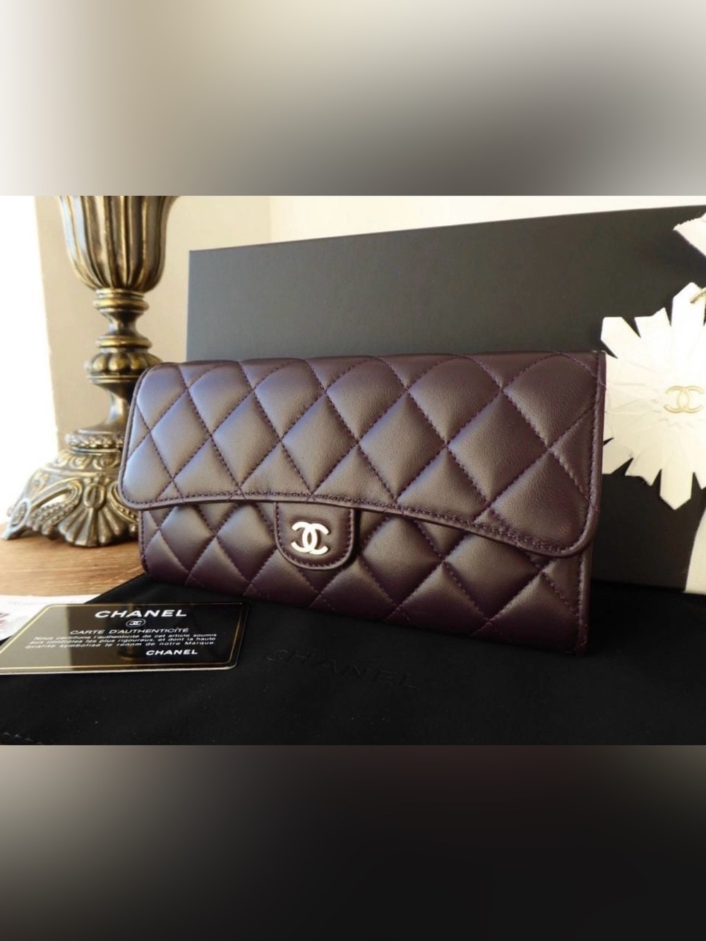 CHANEL Diamond Quilt Stitch Leather Plum Eggplant Flap Clutch Wallet Bag